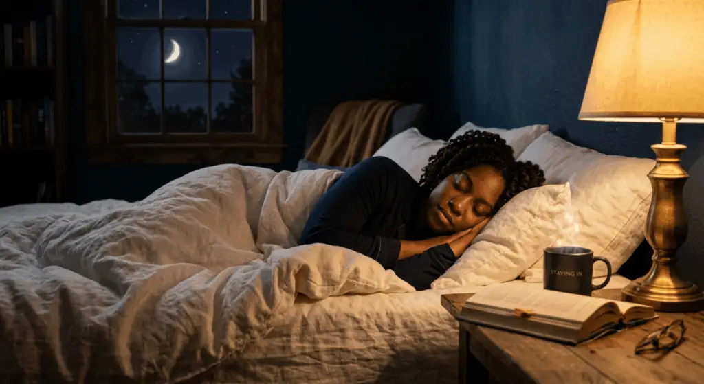 Cozy bedroom at night with warm golden lamp light, steaming tea, and open book — a calming pre-sleep environment for sleeping without forcing it