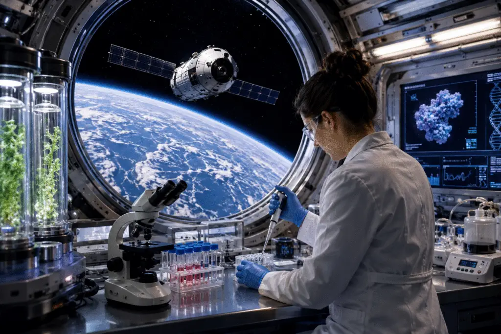 Scientist conducting pharmaceutical research aboard a space station while studying medicine developed in microgravity.