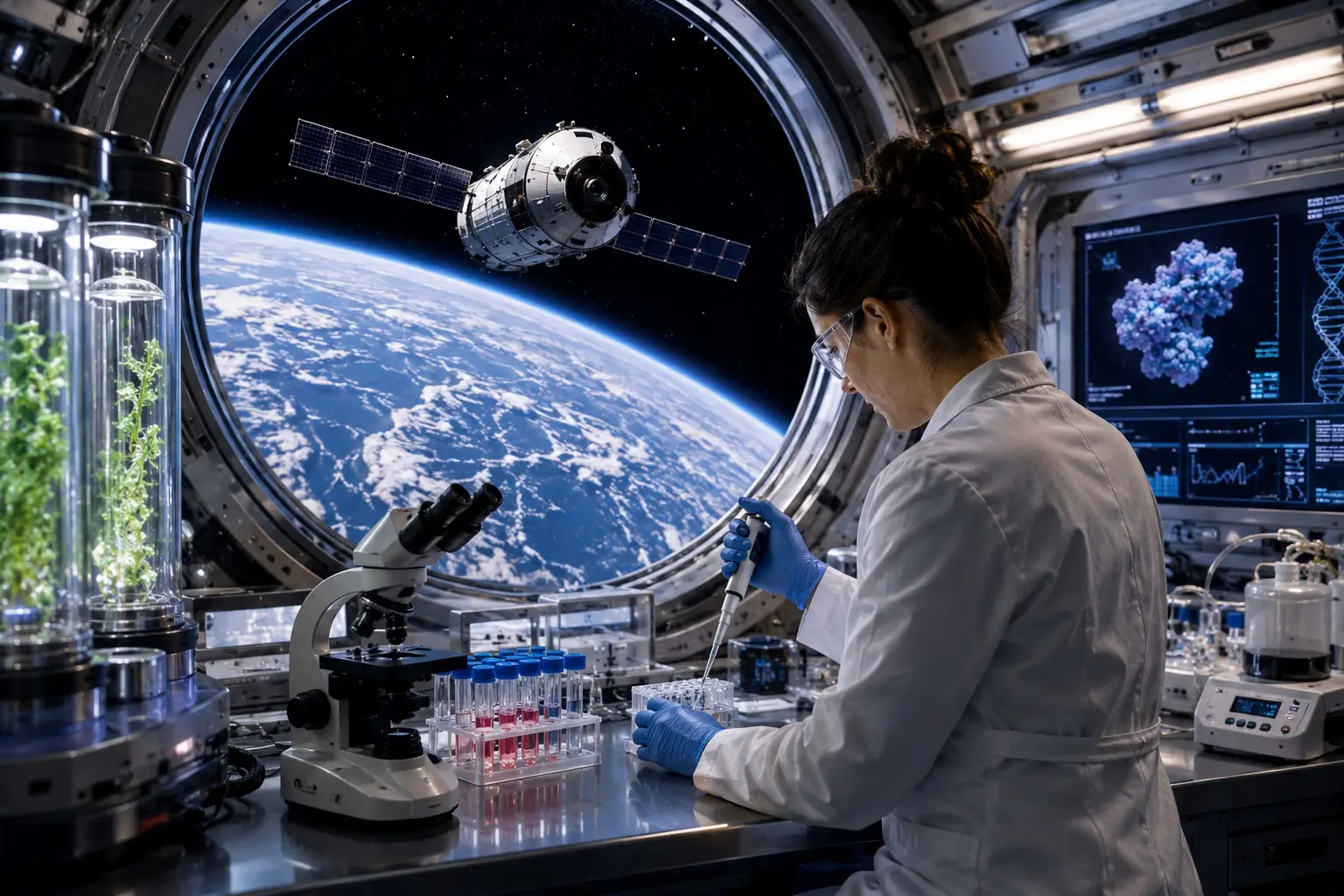 Scientist conducting pharmaceutical research aboard a space station while studying medicine developed in microgravity.